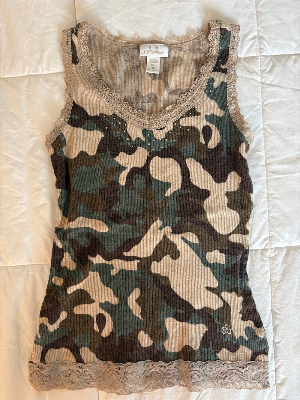 Y2K Limited Too Camo Lace Trim Rhinestone Tank Top Size X Small